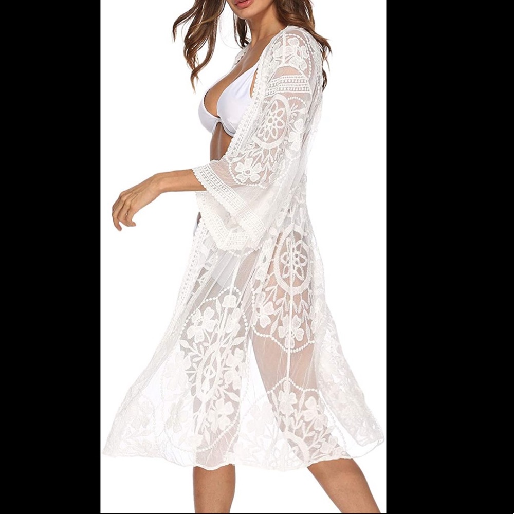 Lace mesh embroidered boho kimono NWT large white - Picture 2 of 6
